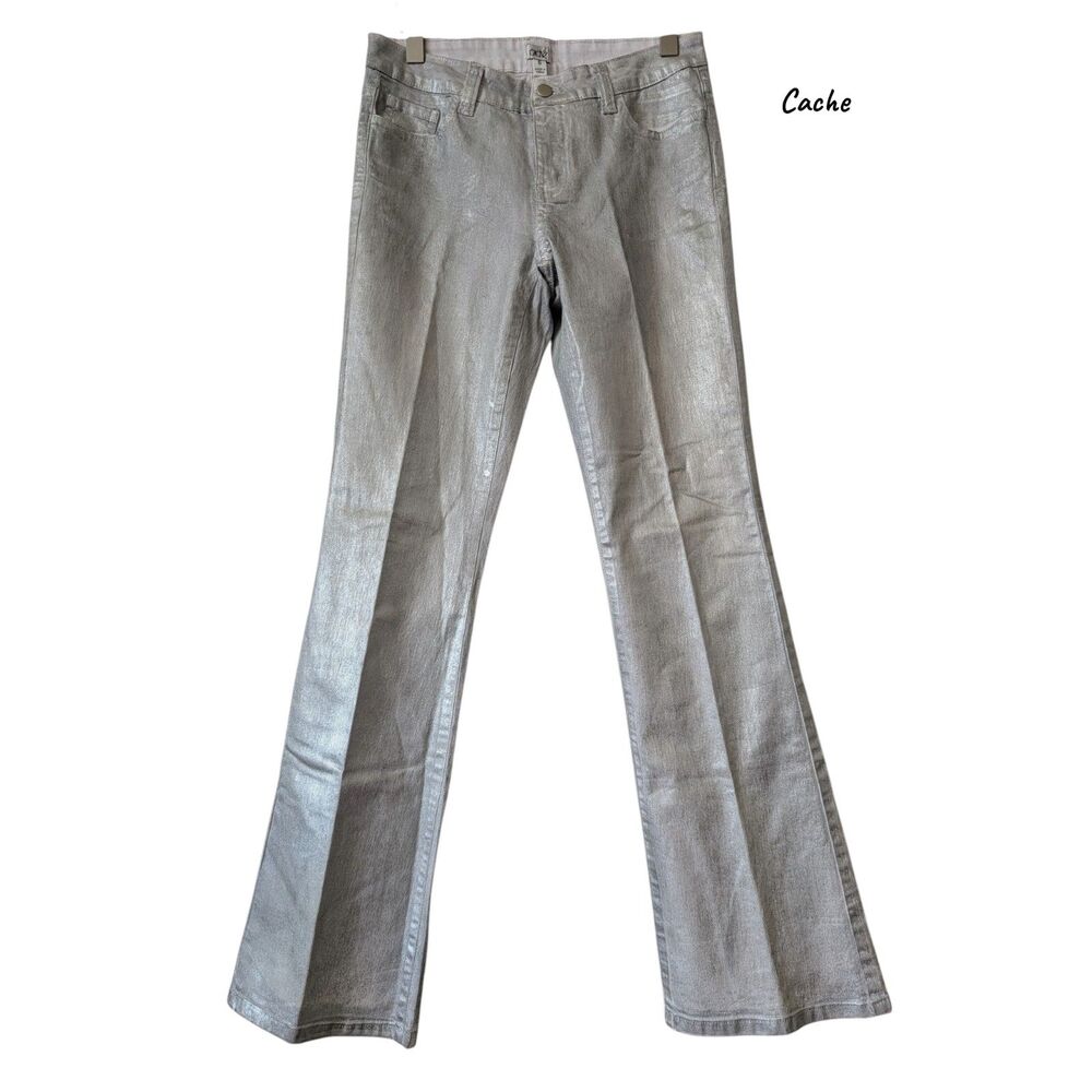 Cache Silver Metallic Coated Flare Jeans Size 6 Y2K Low Rise Pants